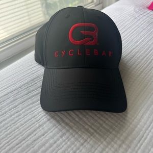 CYCLEBAR hat w adjustable back straps, black and red logo, worn 1x
